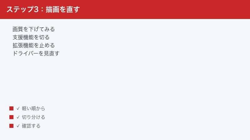 映像の描画設定を順に見直す手順