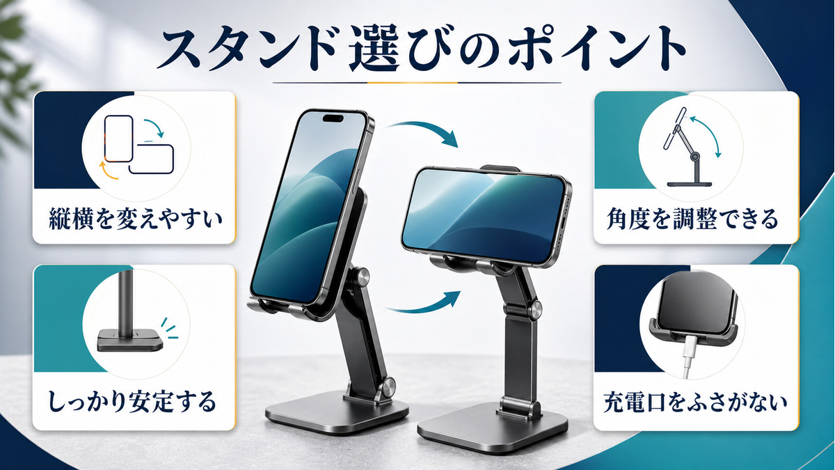 自動回転を活用しやすいスマホスタンドの選び方をまとめた図解