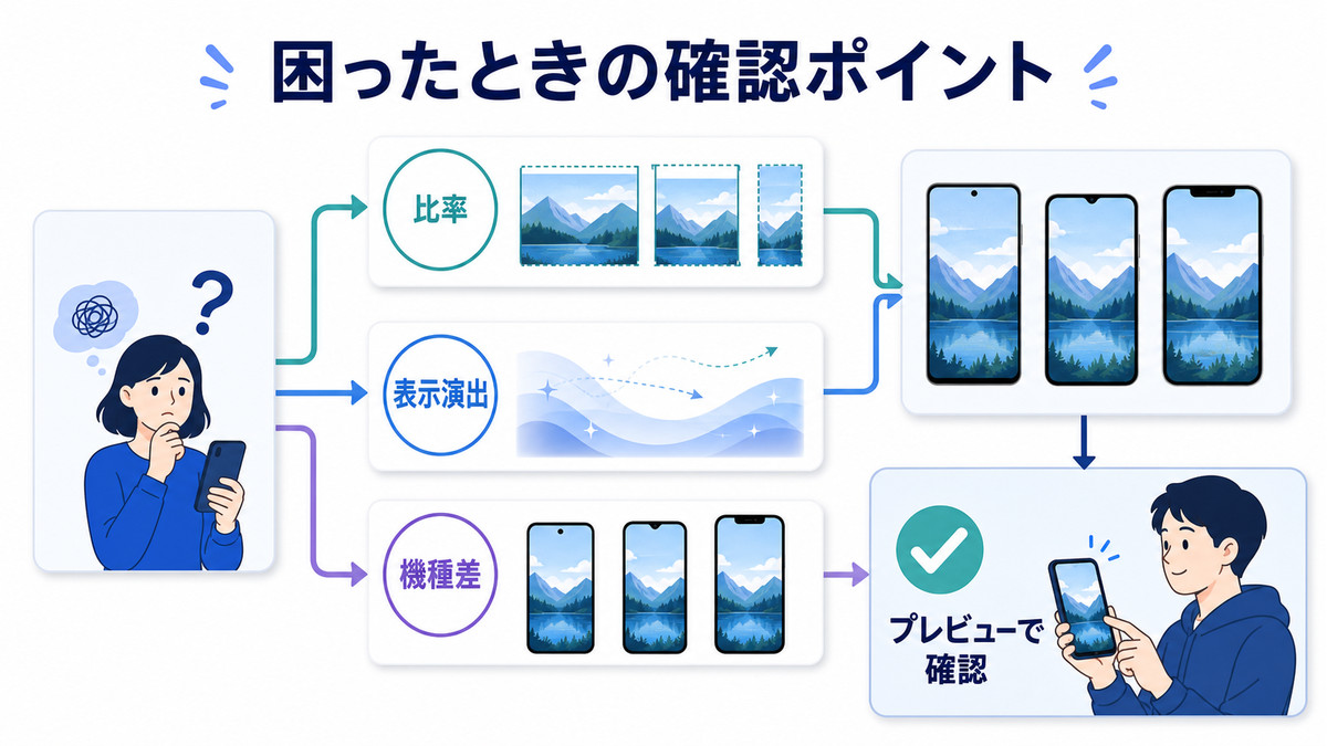 Androidの壁紙設定で困ったときの確認ポイントを示す図解
