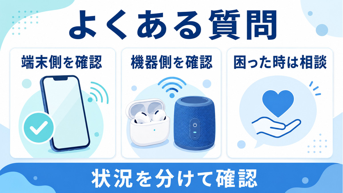 Bluetooth接続で端末側、機器側、相談先を分けて確認するFAQ図解