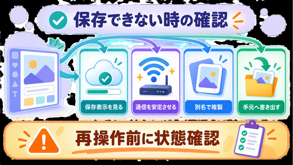 Canvaのデザインが保存できない時に状態と保存先を確認する図解