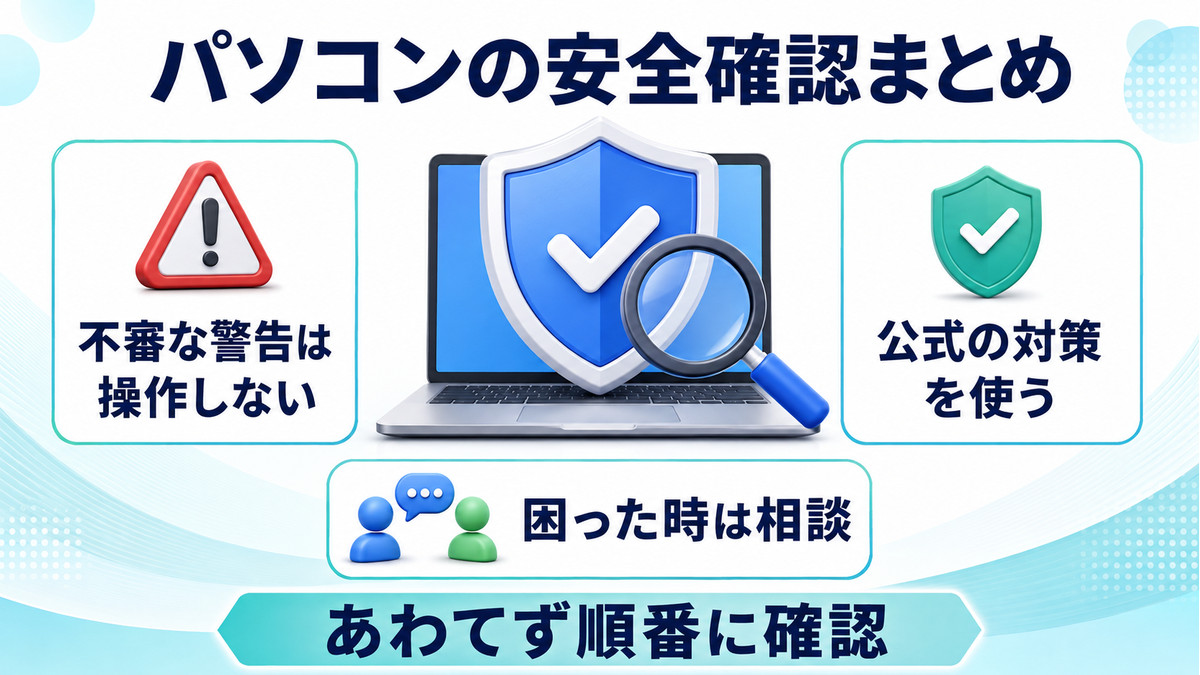 パソコンの安全確認で不審な警告に従わず公式の対策と相談先を確認する図解