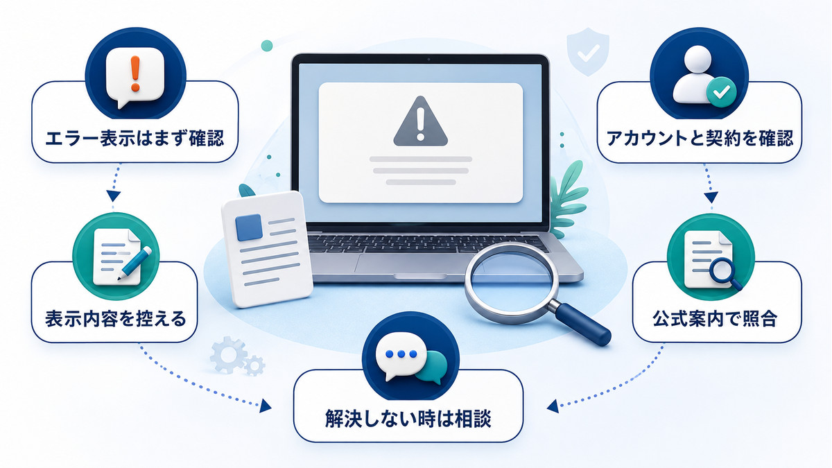 Officeのライセンス認証エラーで確認する順番を示す図解
