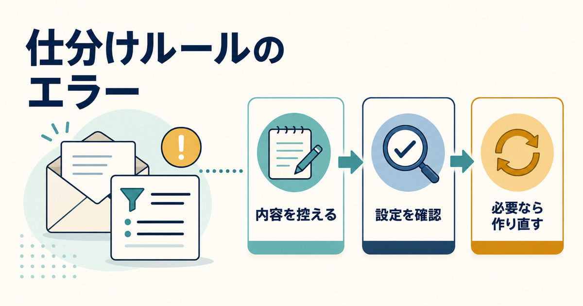 仕分けルールのエラー時に内容を控え設定を確認し必要なら作り直す流れ