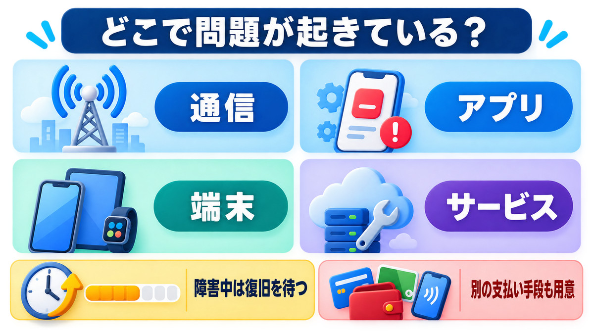 楽天ペイがすぐ落ちる時に通信・アプリ・端末・サービスを切り分ける図