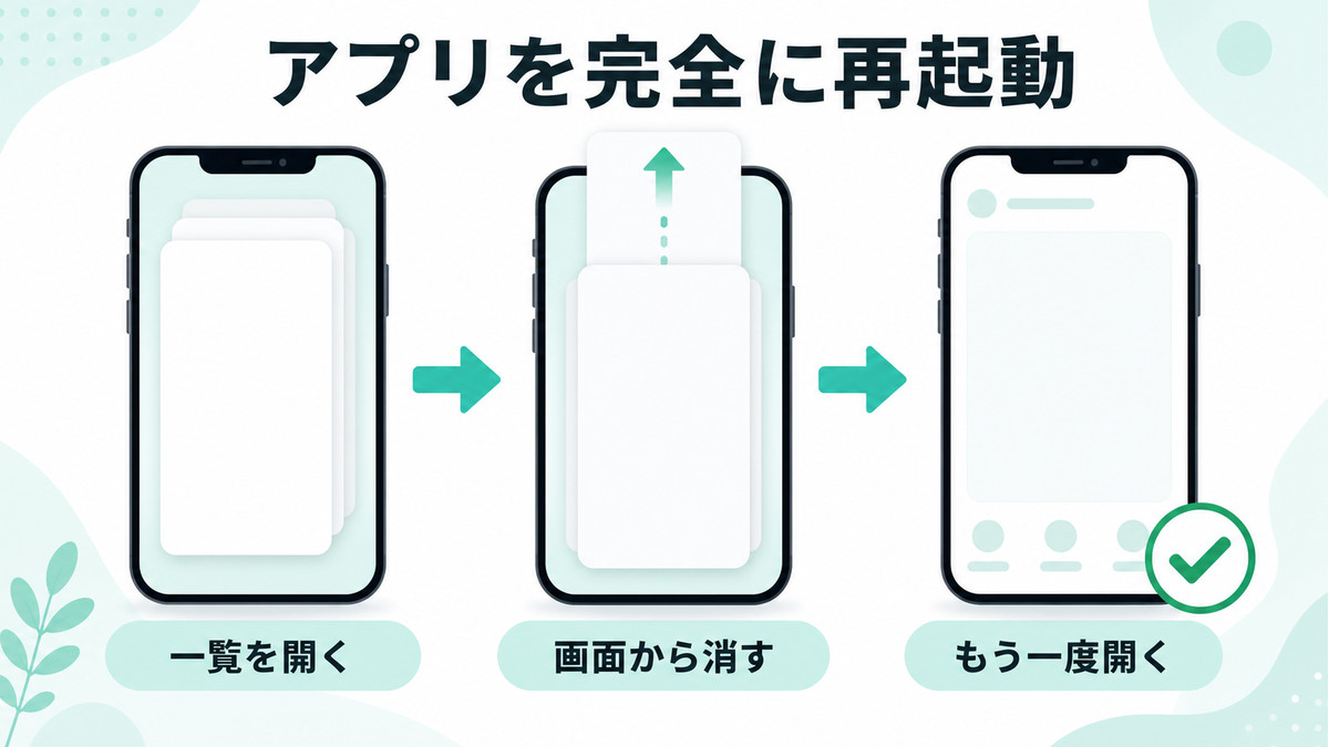 Xアプリの一覧を開いて画面から消しもう一度開く完全再起動の図解