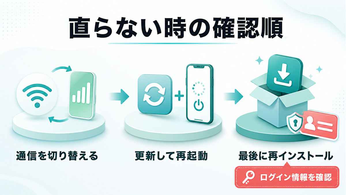 Xが直らない時に通信切替と更新再起動を試し最後に再インストールする確認順の図解