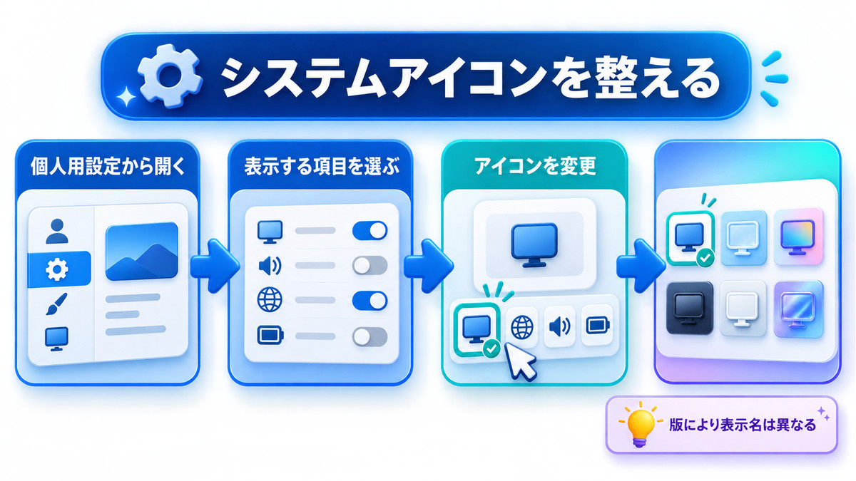 個人用設定からシステムアイコンを整える概念フロー