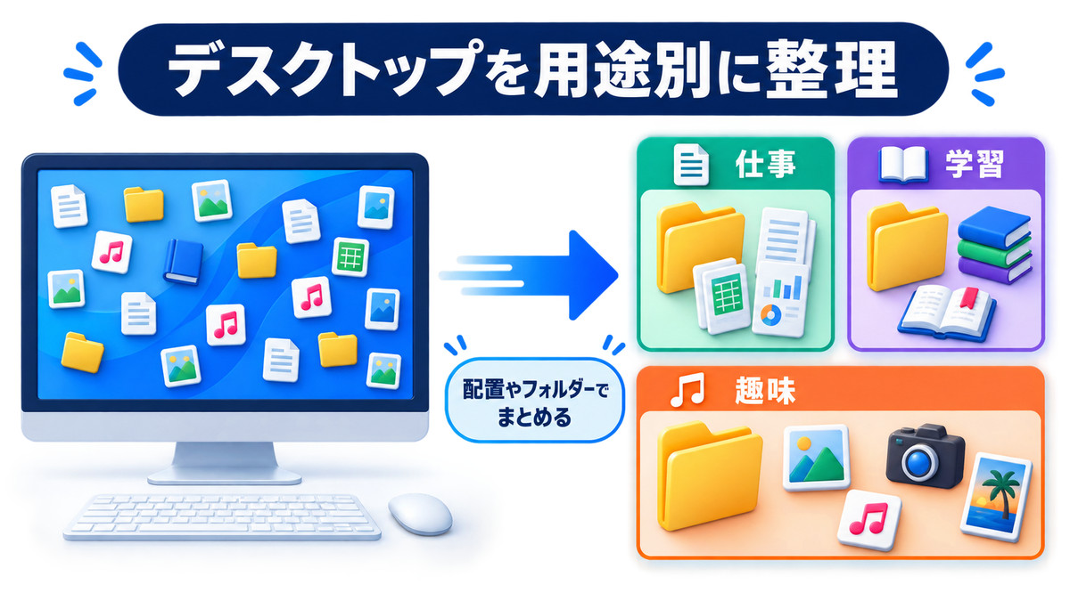 デスクトップアイコンを仕事・学習・趣味に分けて整理する例