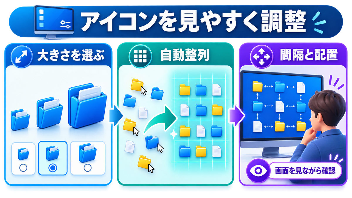 デスクトップアイコンの大きさ・整列・間隔を見やすく調整する図