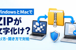 WindowsとMac間のZIP文字化けを作り方と開き方で対処する方法を示すアイキャッチ