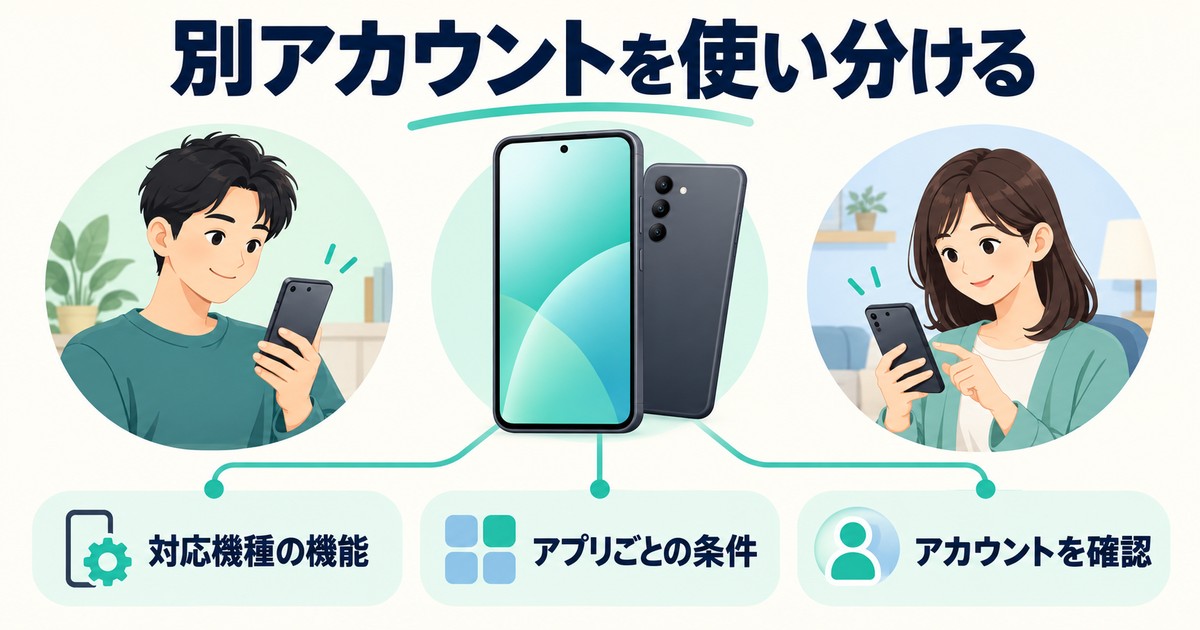 別アカウントを使い分ける。対応機種の機能、アプリごとの条件、アカウントを確認を示す図