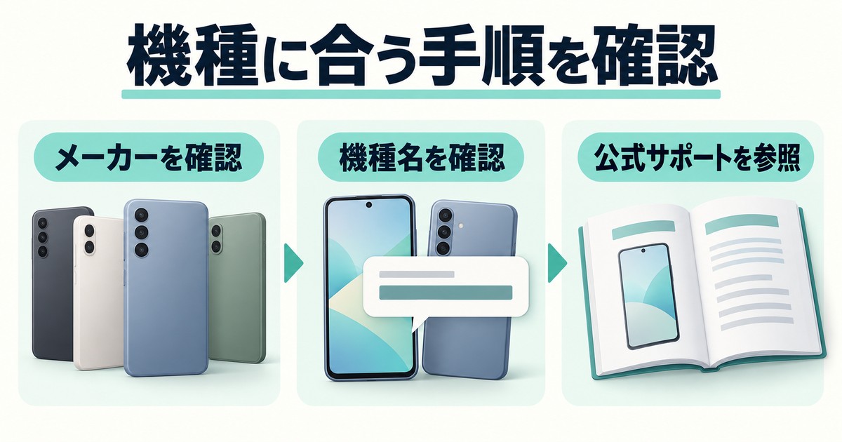 機種に合う手順を確認。メーカーを確認、機種名を確認、公式サポートを参照を示す図
