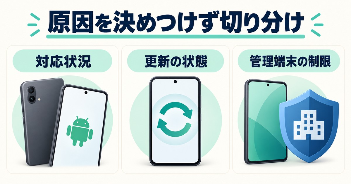 原因を決めつけず切り分け。対応状況、更新の状態、管理端末の制限を示す図