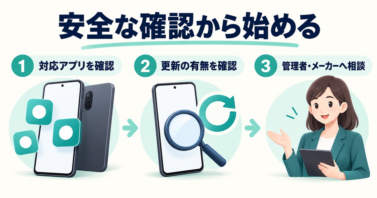 安全な確認から始める。対応アプリを確認、更新の有無を確認、管理者・メーカーへ相談を示す図