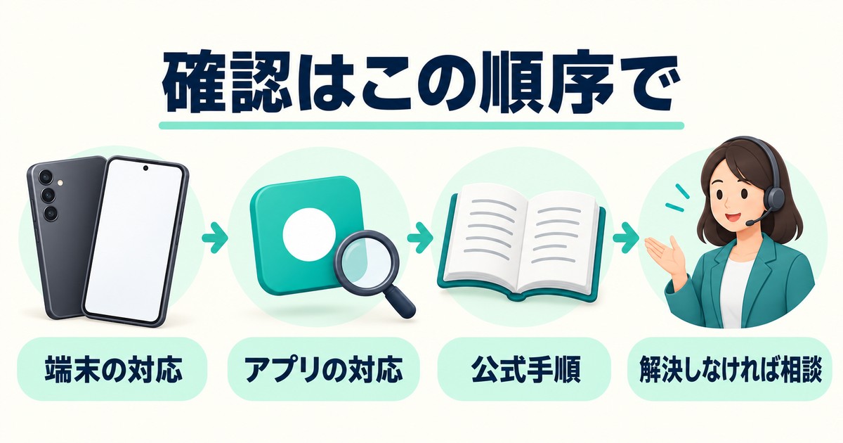 確認はこの順序で。端末の対応、アプリの対応、公式手順、解決しなければ相談を示す図