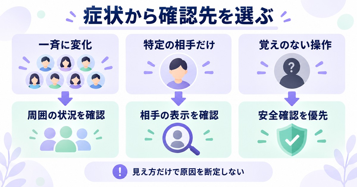 症状から確認先を選ぶ:一斉に変化、周囲の状況を確認、特定の相手だけ、相手の表示を確認、覚えのない操作、安全確認を優先