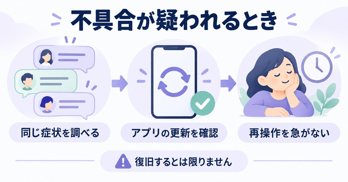 不具合が疑われるとき:同じ症状を調べる、アプリの更新を確認、再操作を急がない