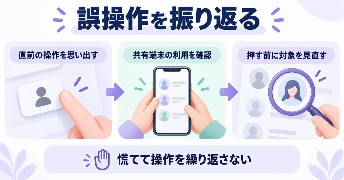 誤操作を振り返る:直前の操作を思い出す、共有端末の利用を確認、押す前に対象を見直す
