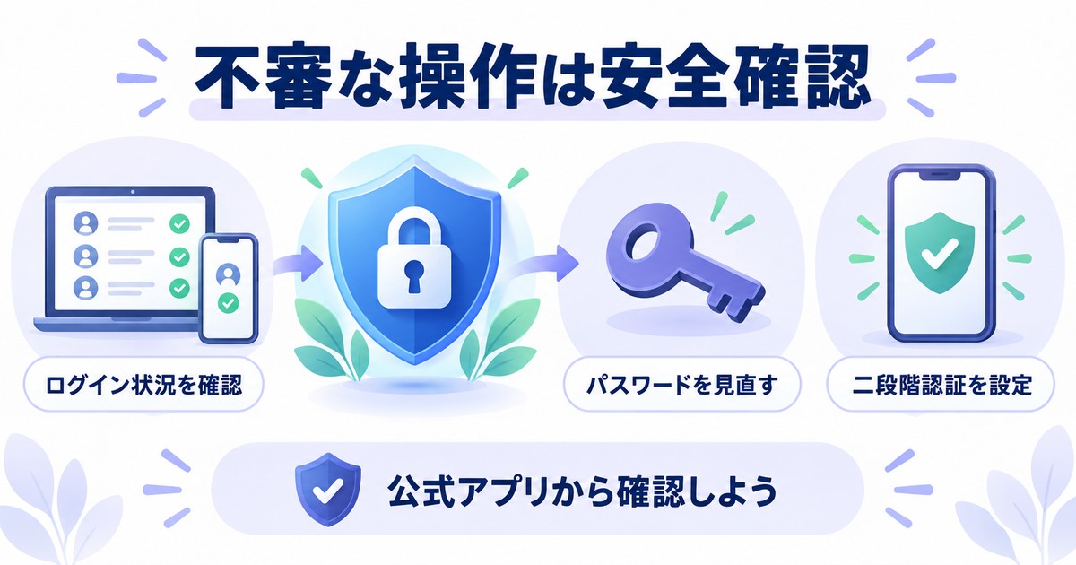 不審な操作は安全確認:ログイン状況を確認、パスワードを見直す、二段階認証を設定