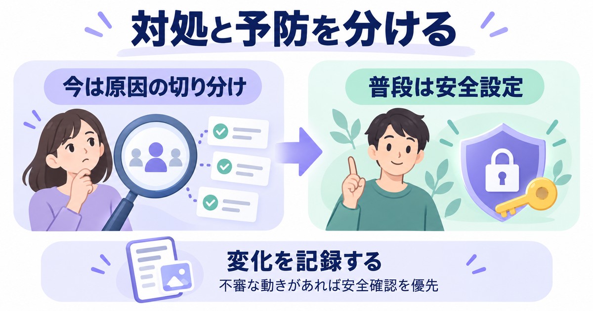 対処と予防を分ける:今は原因の切り分け、普段は安全設定、変化を記録する