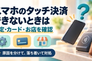 スマホのタッチ決済ができないとき設定とカードとお店を確認する図