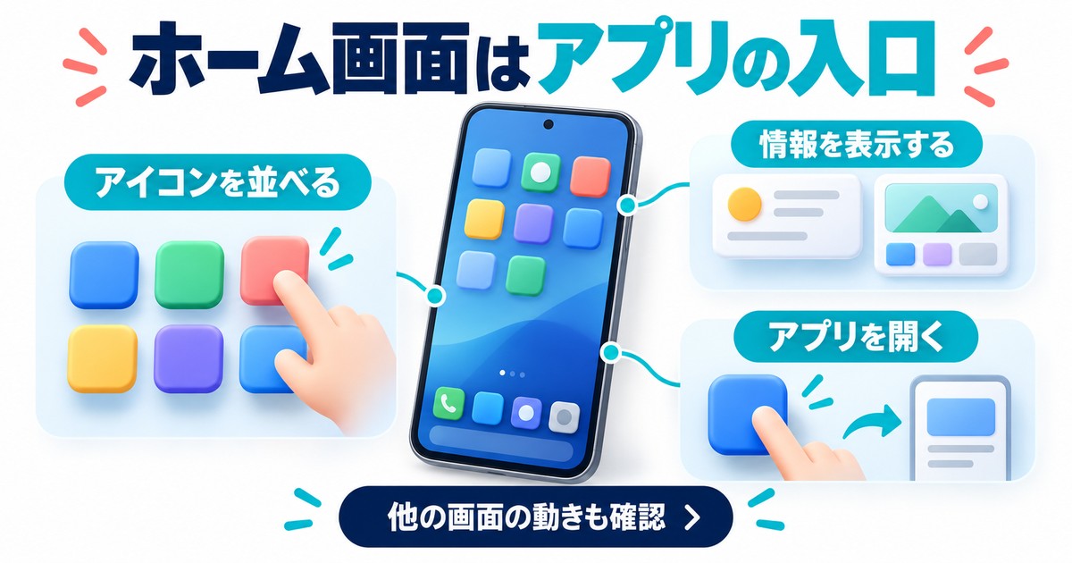 ホーム画面はアプリの入口：アイコンを並べる、情報を表示する、アプリを開く
