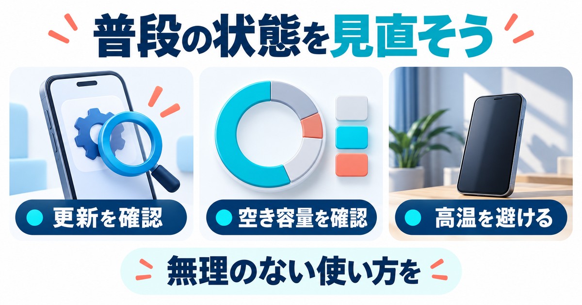 普段の状態を見直そう：更新を確認、空き容量を確認、高温を避ける