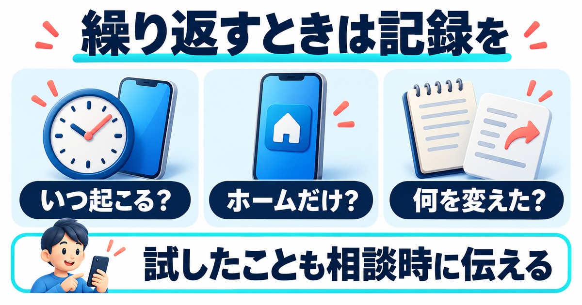 繰り返すときは記録を：いつ起こる？、ホームだけ？、何を変えた？