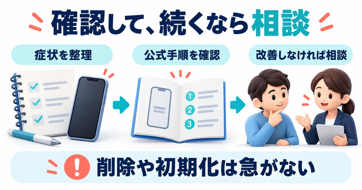 確認して、続くなら相談：症状を整理、公式手順を確認、改善しなければ相談